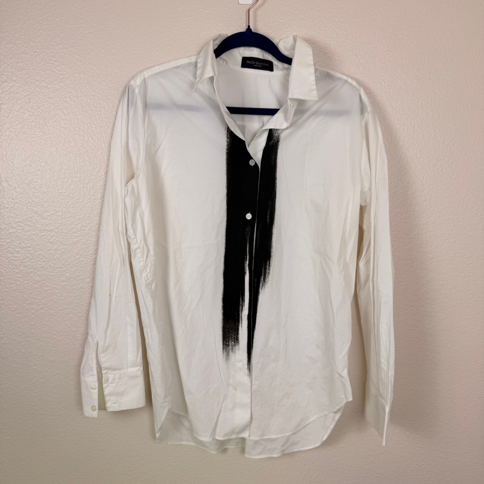 Piazza Sempione Button Up Mens 42 White Black Brushstroke Graphic Italian Luxury